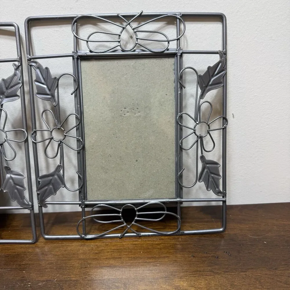 Pair Vintage Metal Wire Photo Frames Ornate Butterfly Floral Silver Tone Fairy